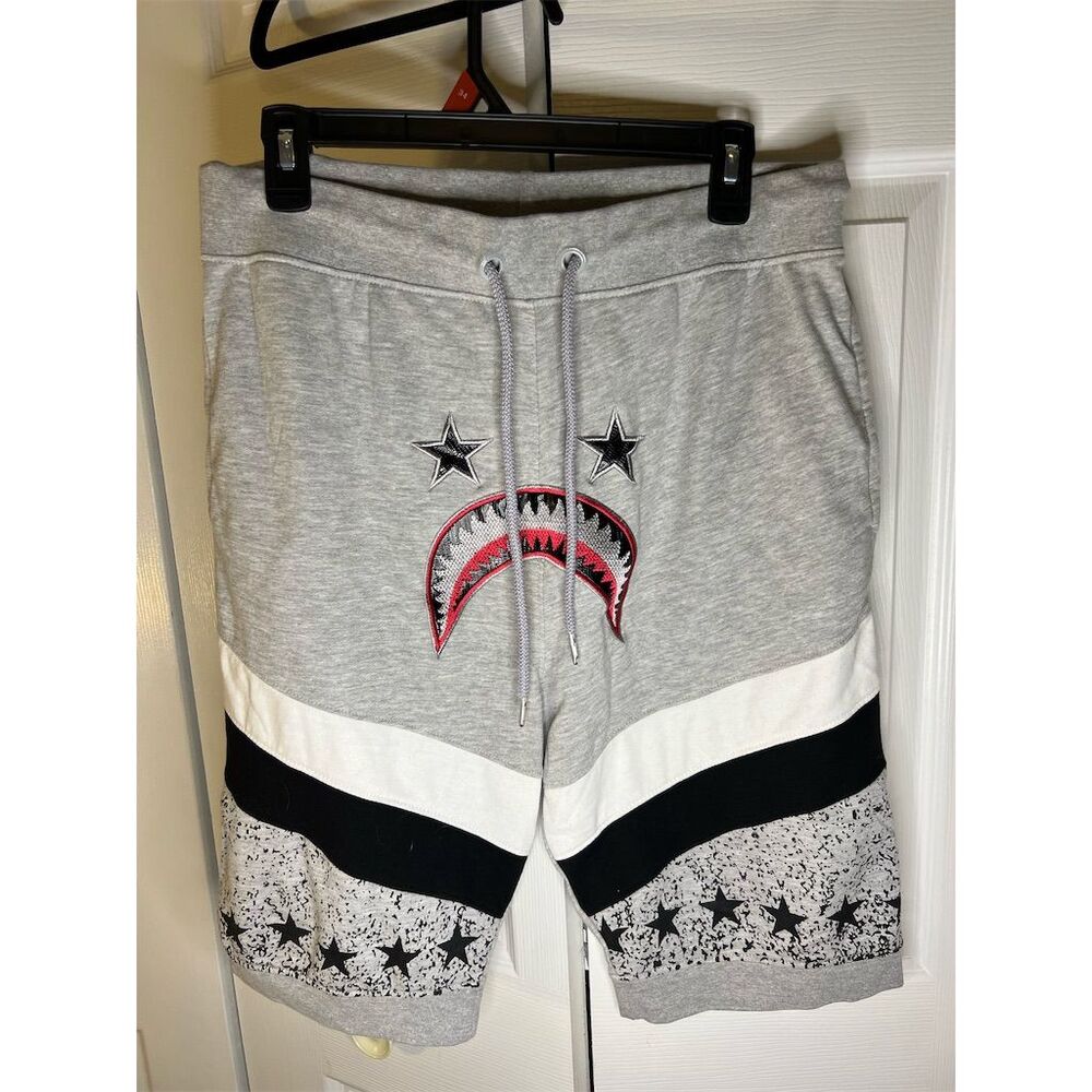 Focus Men's Gray Bermuda Shorts L Shark Face Star Streetwear Summer Casual